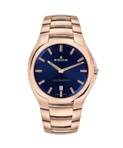 EDOX LES BÉMONTS ULTRA SLIM DATE QUARTZ ROSE GOLD BLUE FDS